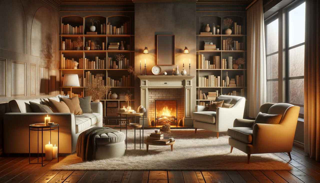 Un salon chaleureux avec cheminée et bibliothèque
