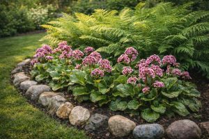 Bergenias en bordure de massif entourés de fougères et de pierres décoratives