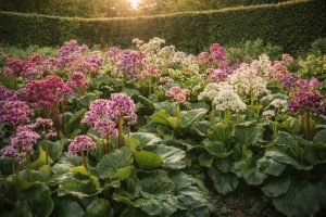 Massif de bergenias en fleurs roses et pourpres dans un jardin paysager au printemps
