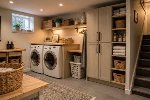 Exemple d'une buanderie installée au sous-sol avec un aménagement pratique et des rangements fonctionnels