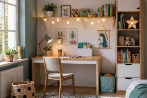 Aménagement d'un coin bureau enfant fonctionnel avec rangements et décoration moderne pour optimiser l'espace