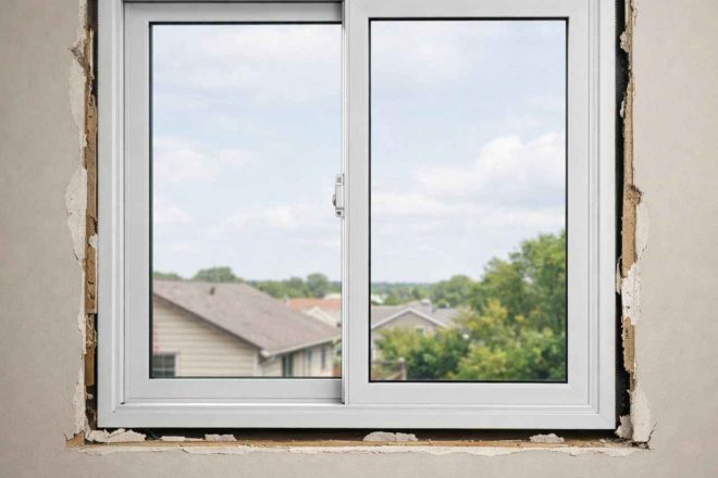 Fenêtre mal posée avec des espaces visibles entre le cadre et le mur