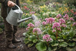 Arrosage d'un plan de bergenia en pleine croissance dans un jardin