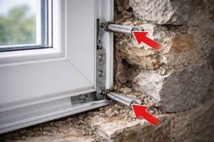 Fixation inadaptée d'une fenêtre dans un mur en pierre