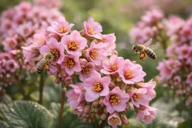 Fleurs roses de bergenia attirant des abeilles au printemps
