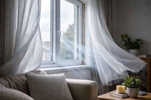 Rideaux soufflés par un courant d'air provenant d'une fenêtre mal isolée