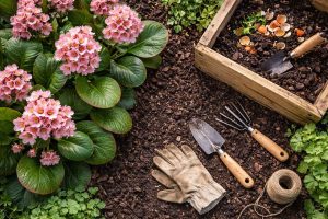 Coin de jardin avec bergenias en floraison et outils de jardinage