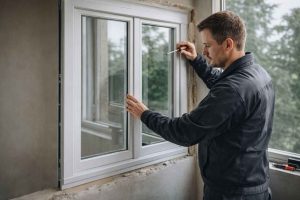 Professionnel réglant une fenêtre lors de la pose