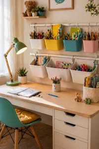 Organisation d'un coin bureau enfant avec rangements suspendus pratiques et colorés