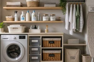 Organisation parfaite d'une buanderie avec étagères, produits de lessive et accessoires bien rangés