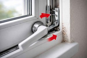 Ouvrant de fenêtre mal réglé avec mécanisme désaligné