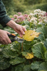 Taille des feuilles jaunies d'un bergenia pour favoriser une belle floraison