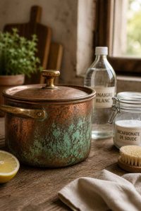 Casserole en cuivre ancienne avec vert-de-gris et oxydation visible, posée sur un plan de travail rustique. Illustration des causes de l'oxydation du cuivre et du laiton avant nettoyage