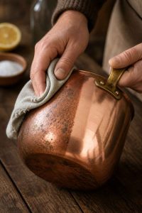 Polissage d'une casserole en cuivre ancienne avec un chiffon doux, montrant le contraste entre la partie terne et la partie brillante après polissage. Technique de restauration de l'éclat du cuivre