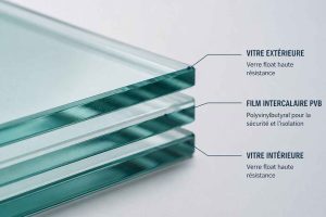 Détail d'un verre feuilleté montrant ses couches pour une meilleure sécurité et isolation