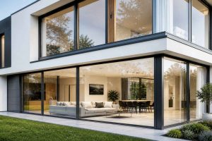 Maison moderne avec grandes baies vitrées sur mesure offrant luminosité et design contemporain