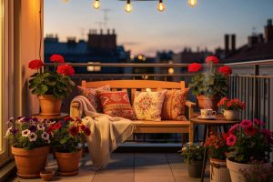 Créez un balcon cosy avec des plantes, des coussins et un éclairage doux. Inspirez-vous pour un espace détente en plein air