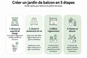 Découvrez les 5 étapes pour aménager un jardin sur votre balcon avec cette infographie claire et moderne