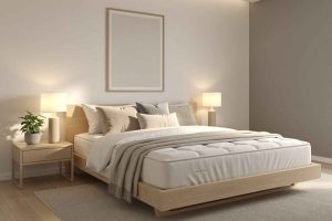 Une chambre apaisante avec un matelas moderne pour un sommeil réparateur. Découvrez comment choisir le meilleur matelas pour votre bien-être