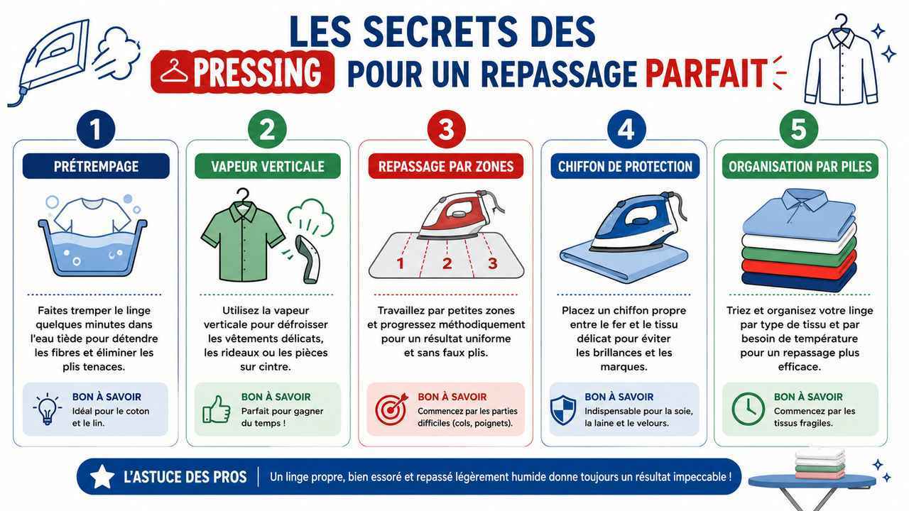 Découvrez les 5 astuces des professionnels du repassage pour un résultat impeccable en un temps record. Une infographie pratique à épingler !