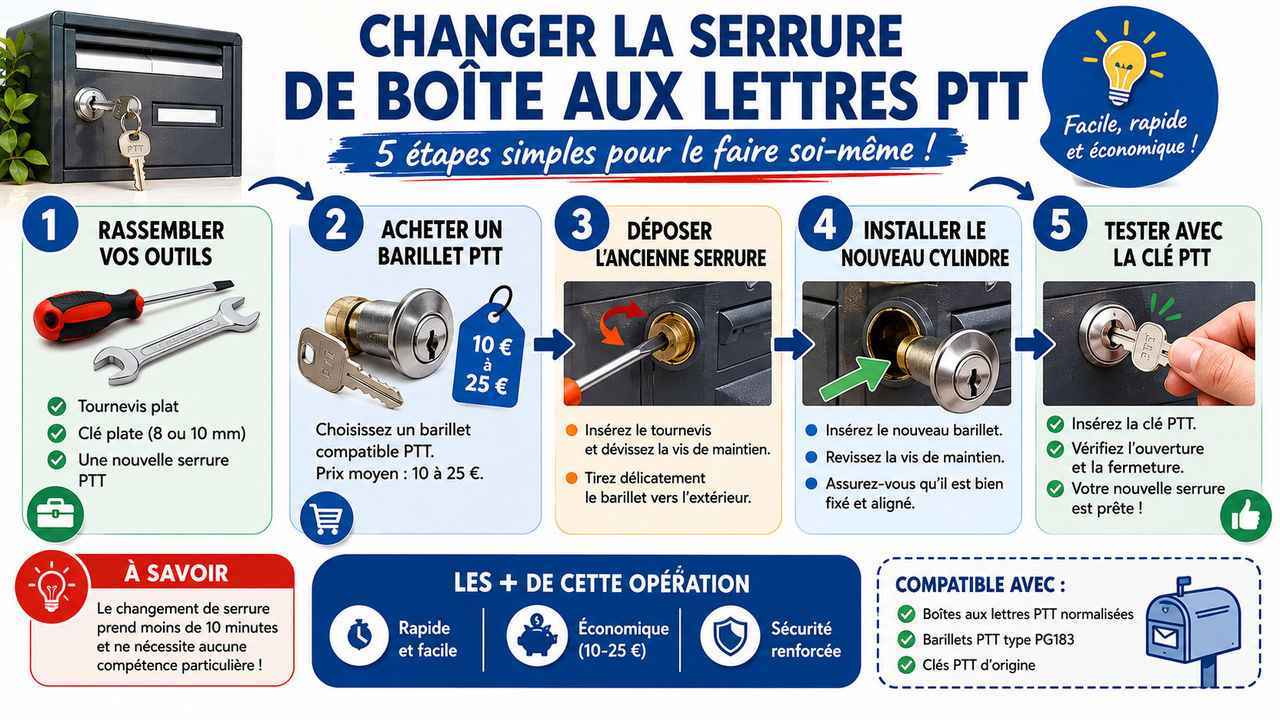 Infographie : changer une serrure de boîte aux lettres en 5 étapes. Outils nécessaires, prix moyen 10-25€, méthode pas à pas. Guide visuel DIY bricolage