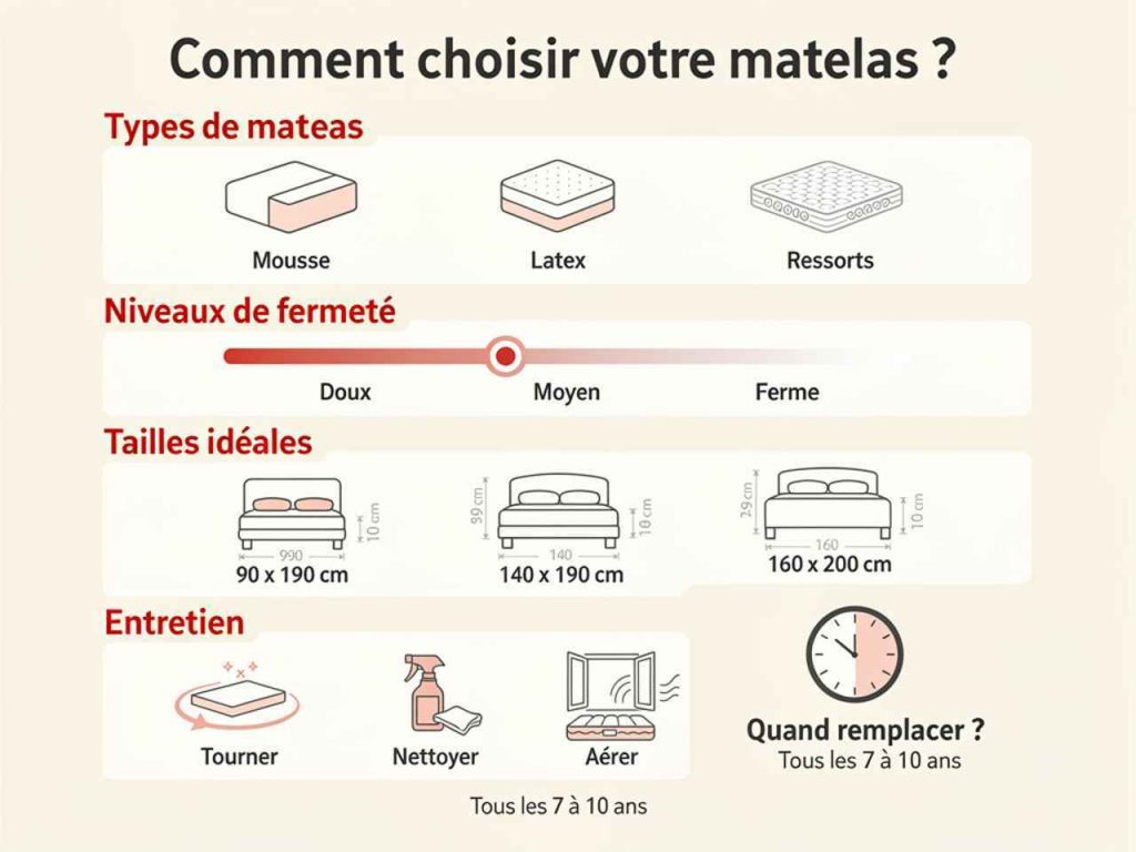 Infographie complète pour choisir votre matelas idéal : types, fermeté, tailles, entretien et durée de vie. Tous nos conseils en un coup d'œil !