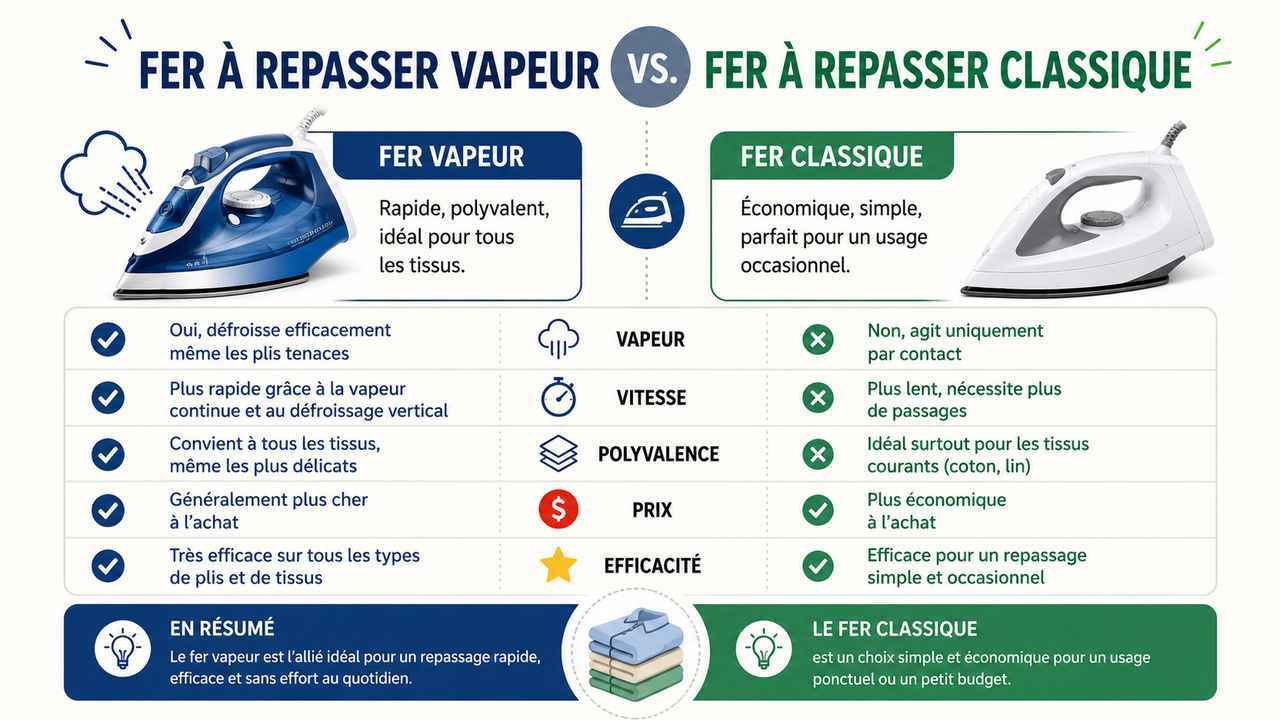 Découvrez les différences entre un fer à repasser vapeur et un fer classique grâce à cette infographie claire et pratique. Idéal pour choisir le bon modèle selon vos besoins