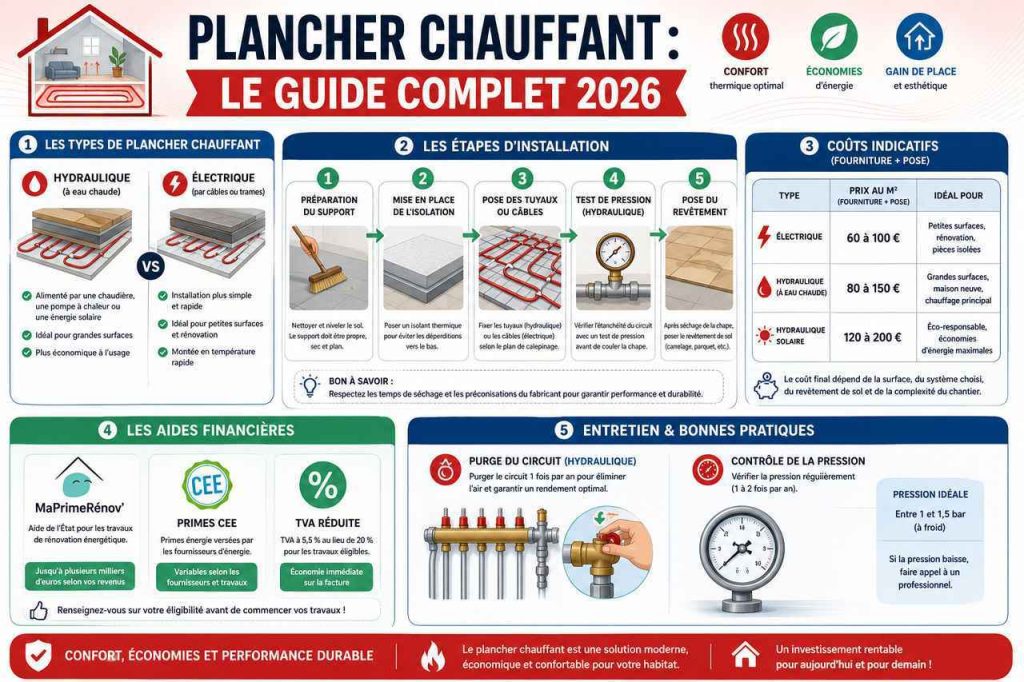 Toute l'information sur le plancher chauffant en une seule infographie : types, installation, coûts et aides financières. Parfait pour comprendre rapidement !