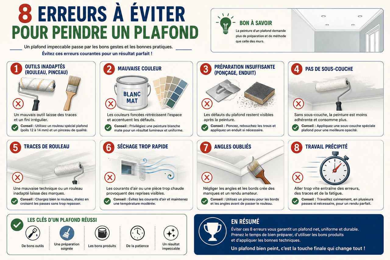 Infographie : 8 erreurs à éviter pour peindre un plafond sans traces. Préparation, outils, rouleau, peinture blanche, séchage. Guide visuel travaux peinture
