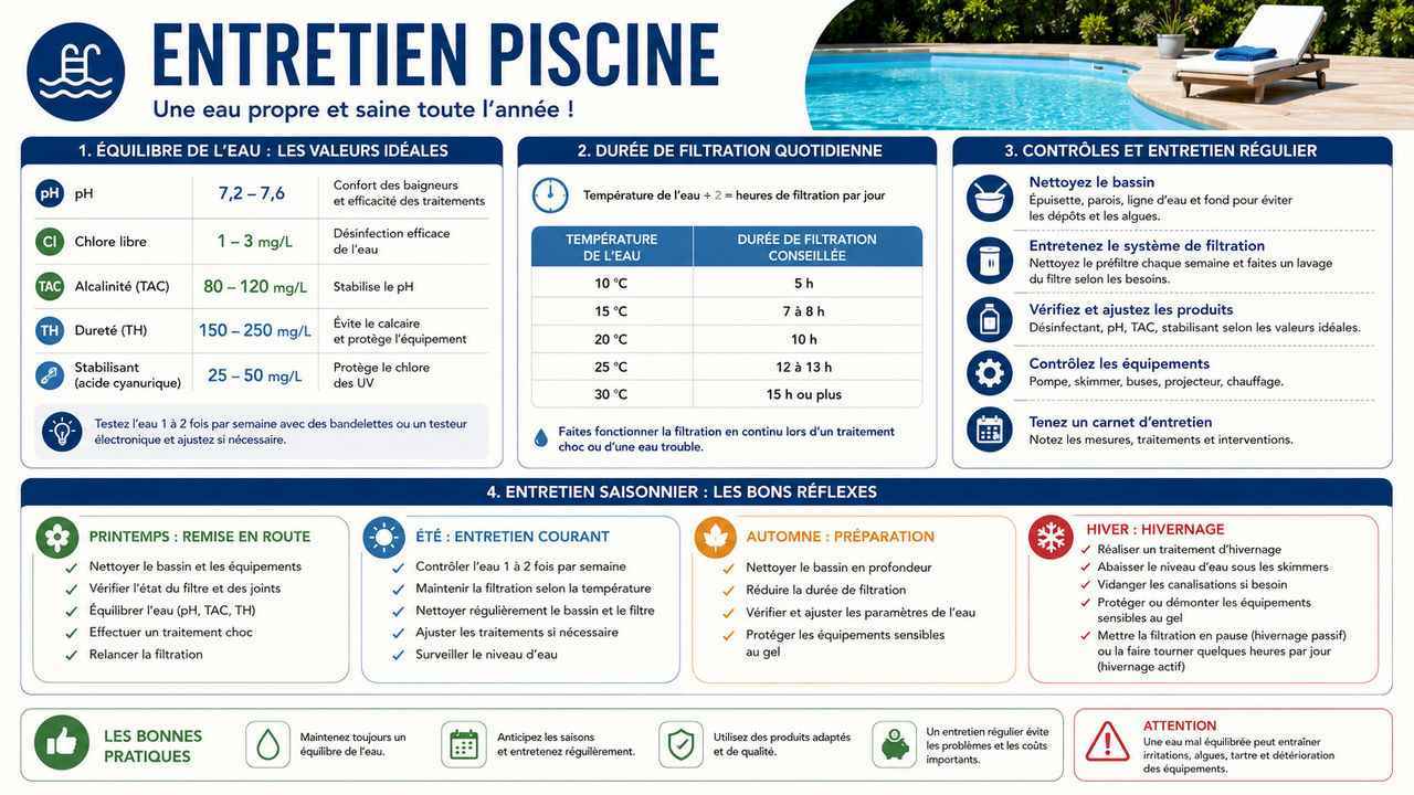 Infographie complète sur l'entretien d'une piscine et les paramètres d'eau idéaux