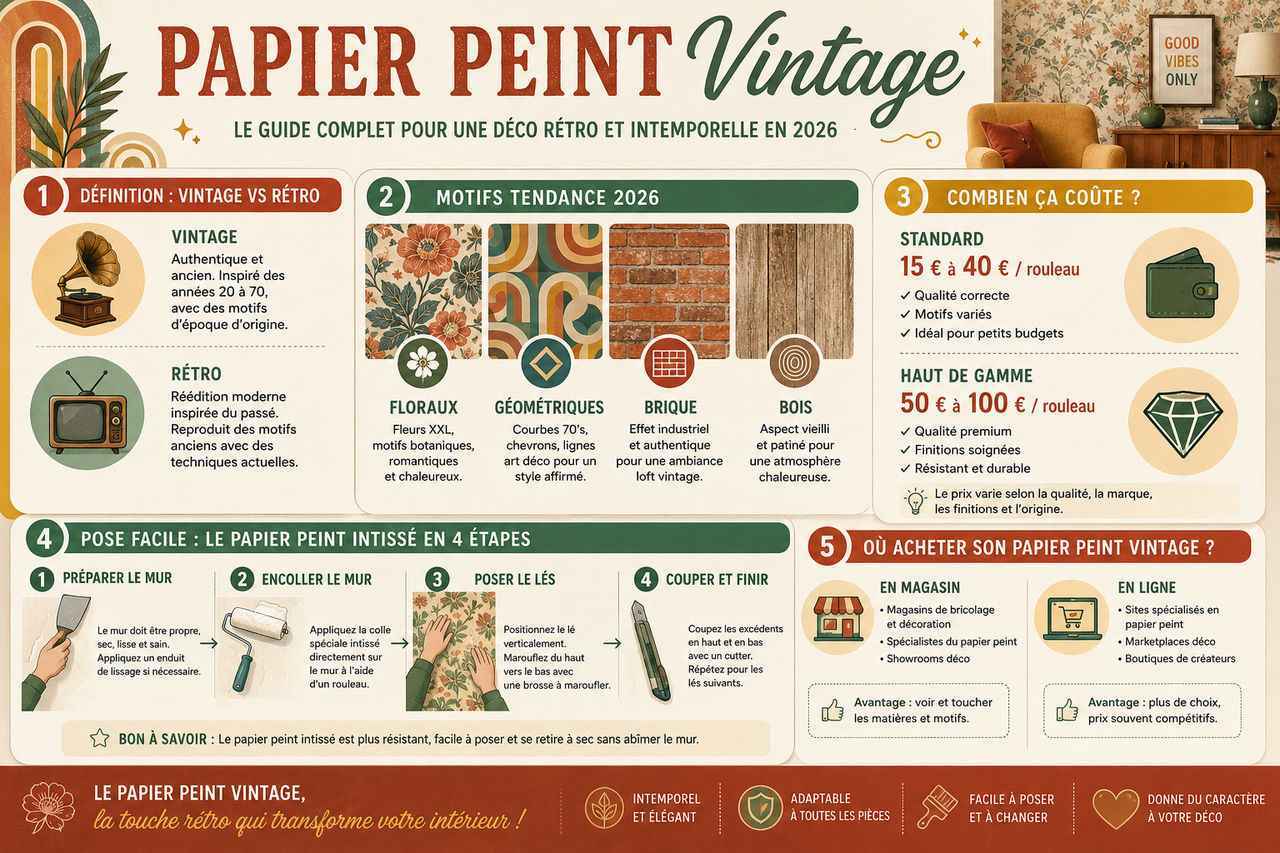 Infographie papier peint vintage : guide complet 2026. Motifs tendance, prix 15-100€, pose intissé étape par étape, où acheter. Tout savoir sur la décoration murale rétro