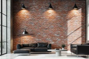 Mur d'accent papier peint brique style industriel. Loft moderne avec décoration murale rétro. Inspiration aménagement intérieur tendance