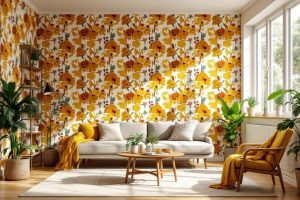 Salon décoré avec papier peint vintage motifs floraux années 70. Couleurs terracotta et jaune moutarde. Inspiration décoration murale rétro tendance 2026