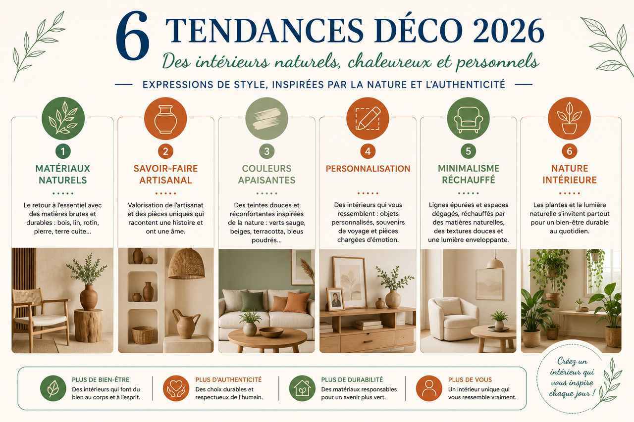 Toutes les tendances déco 2026 en un coup d'œil ! Cette infographie résume les 6 grandes tendances à adopter pour un intérieur naturel, chaleureux et personnel