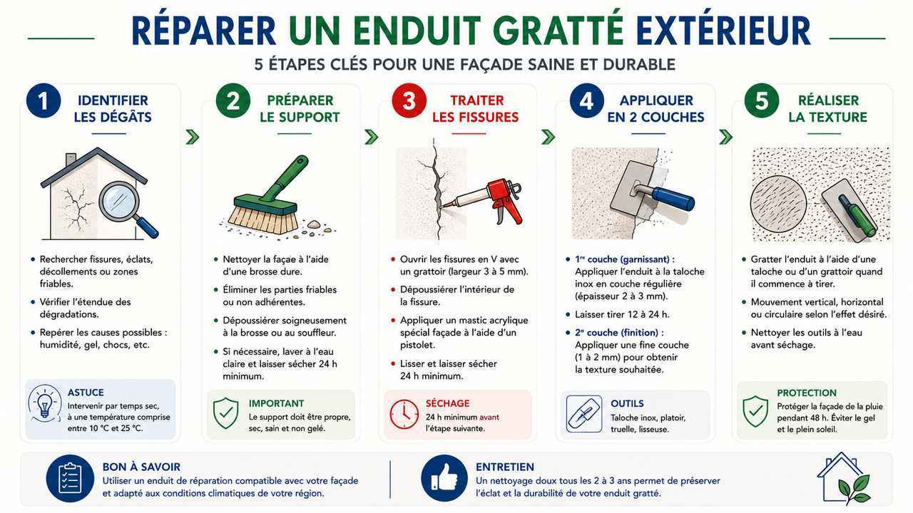 Toutes les étapes pour réparer un enduit gratté extérieur en un coup d'œil : préparation, traitement des fissures, application en deux couches et finition texturée
