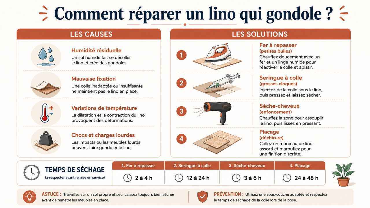 Infographie complète pour comprendre les causes d'un lino qui gondole et les solutions pour le réparer facilement : fer à repasser, seringue, sèche-cheveux ou placage. Un récapitulatif pratique à épingler pour retrouver la bonne méthode en un coup d'œil