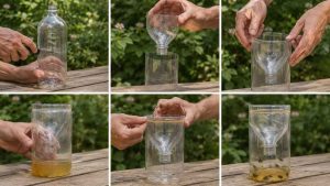 Le montage étape par étape d'un piège à guêpes en bouteille : découpe du goulot, insertion en entonnoir et fermeture, pour un piège maison prêt à l'emploi en quelques minutes