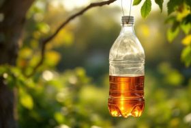 Un piège à guêpe maison fabriqué à partir d'une bouteille en plastique recyclée, suspendu dans un jardin ensoleillé, illustrant une solution écologique et économique pour éloigner les guêpes sans nuire aux abeilles