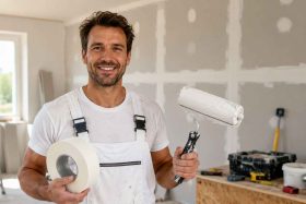 Un artisan souriant en salopette blanche tient dans une main un rouleau de bande placo et dans l'autre un rouleau à peinture chargé d'enduit blanc frais