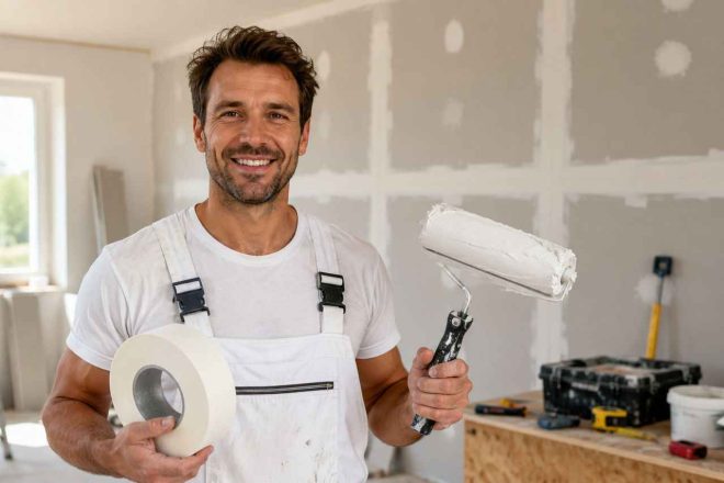 Un artisan souriant en salopette blanche tient dans une main un rouleau de bande placo et dans l'autre un rouleau à peinture chargé d'enduit blanc frais