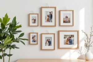 Une galerie photo élégante accrochée sur un mur blanc, utilisant des crochets transparents pour afficher des cadres de différentes tailles, apportant une touche personnelle à la décoration