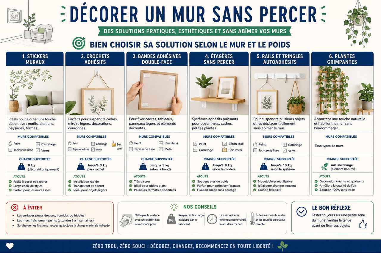 Infographie illustrant diverses solutions pour décorer un mur sans percer, incluant des exemples de stickers, crochets adhésifs et plantes grimpantes, avec des conseils pratiques