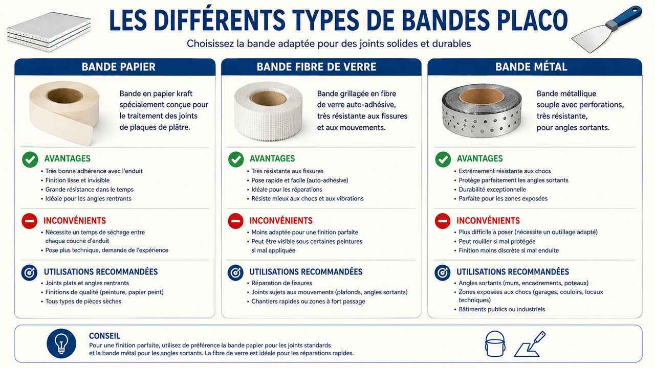 Infographie : les différents types de bandes placo et leurs utilisations. Papier, fibre de verre ou métal ?
