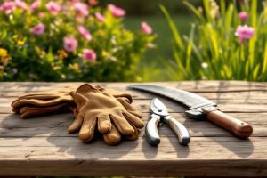 Une collection d'outils de jardinage soigneusement disposés sur une table, comprenant un sécateur, des gants et une scie d'élagage. Ces outils sont essentiels pour réaliser une taille efficace des rosiers