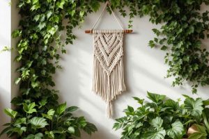 Un mur orné de plantes grimpantes et d'un macramé suspendu, ajoutant une touche naturelle et chaleureuse à l'espace, parfait pour une ambiance vivante