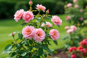 Un magnifique rosier en fleurs dans un jardin, illustrant les résultats d'une taille réussie. Les bourgeons bien développés témoignent d'une bonne santé et d'une floraison abondante