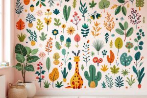 Un mur d'une chambre d'enfant orné de stickers muraux colorés représentant des motifs graphiques et végétaux, créant une ambiance joyeuse et ludique