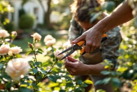 Un jardinier expérimenté effectue une taille précise d'un rosier, mettant en avant les tiges et bourgeons. La lumière douce du matin illumine la scène, créant une ambiance sereine et propice au jardinage
