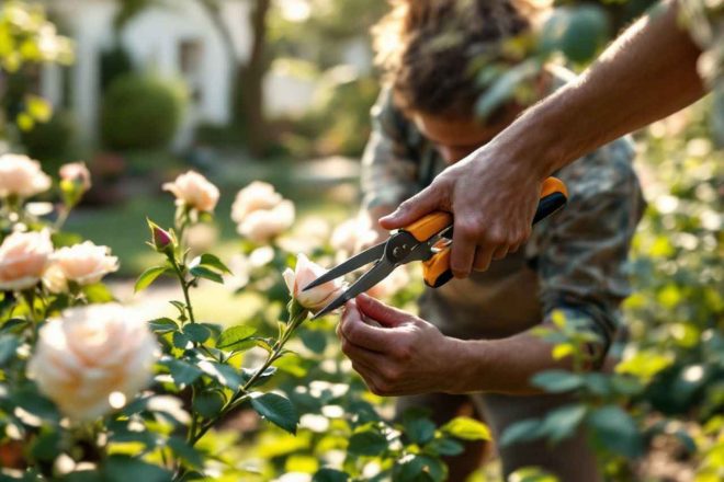 Un jardinier expérimenté effectue une taille précise d'un rosier, mettant en avant les tiges et bourgeons. La lumière douce du matin illumine la scène, créant une ambiance sereine et propice au jardinage