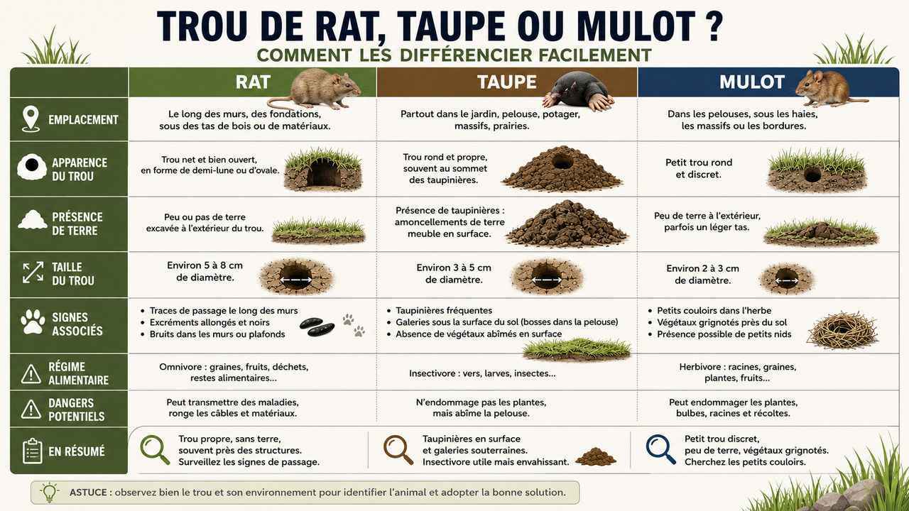 Infographie comparative en trois colonnes permettant d'identifier rapidement le type d'animal ayant creusé un trou dans le jardin. Colonne 1 (Rat brun) : illustration d'un trou circulaire de 6-9 cm avec bords lisses et compactés, petit monticule de terre plate, avec icônes indiquant 'traces de gras' et '2+ entrées'. Colonne 2 (Taupe) : illustration d'une taupinière caractéristique en forme de volcan avec terre meuble, pas de trou visible en surface. Colonne 3 (Mulot) : illustration d'un tout petit trou de 2-3 cm de diamètre, bords irréguliers, sans monticule significatif. Chaque colonne comporte des mesures indiquées, des pictogrammes de couleur (bleu foncé pour les titres, vert pour les mesures, rouge pour les alertes), et un code couleur pour faciliter la lecture rapide. Le fond est blanc cassé pour un rendu professionnel et lisible